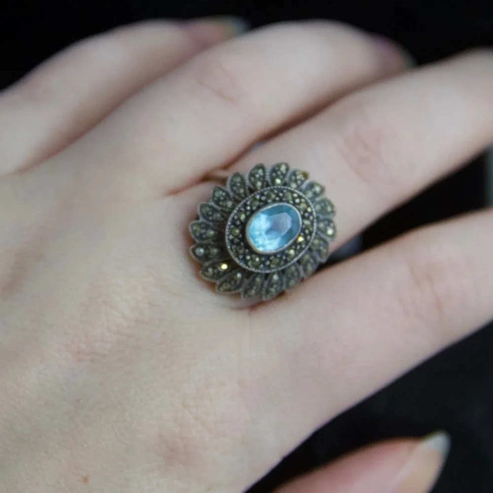 Vintage Sterling Silver Blue Topaz Marcasite Art Deco Style Sunburst Ring Size 9